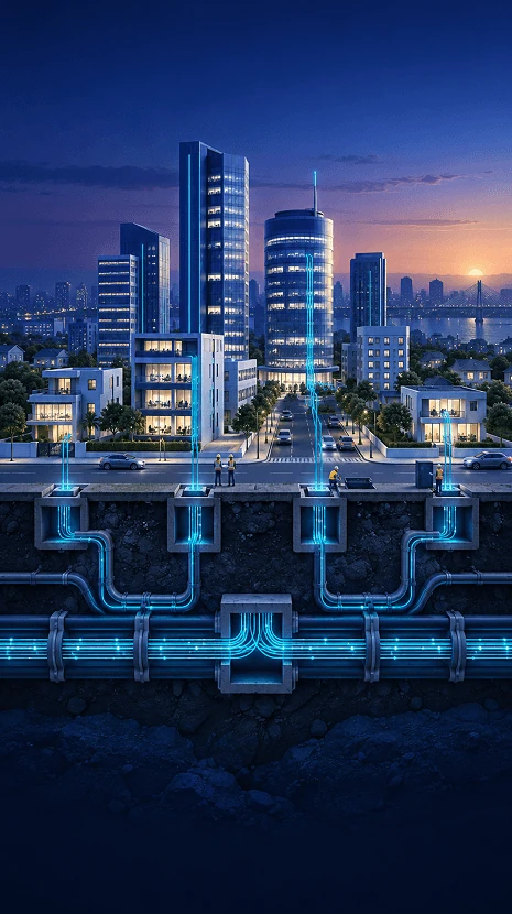 Illustration : ville connectée par un réseau de fibre optique souterrain
