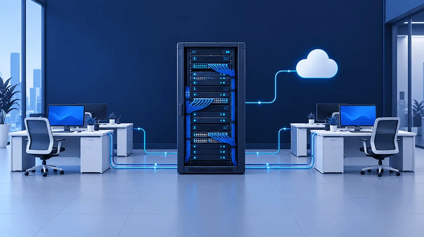 Illustration : baie serveur reliée aux postes de travail et au cloud