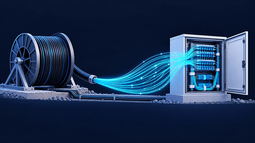 Illustration : bobine de fibre optique raccordée à une armoire de distribution